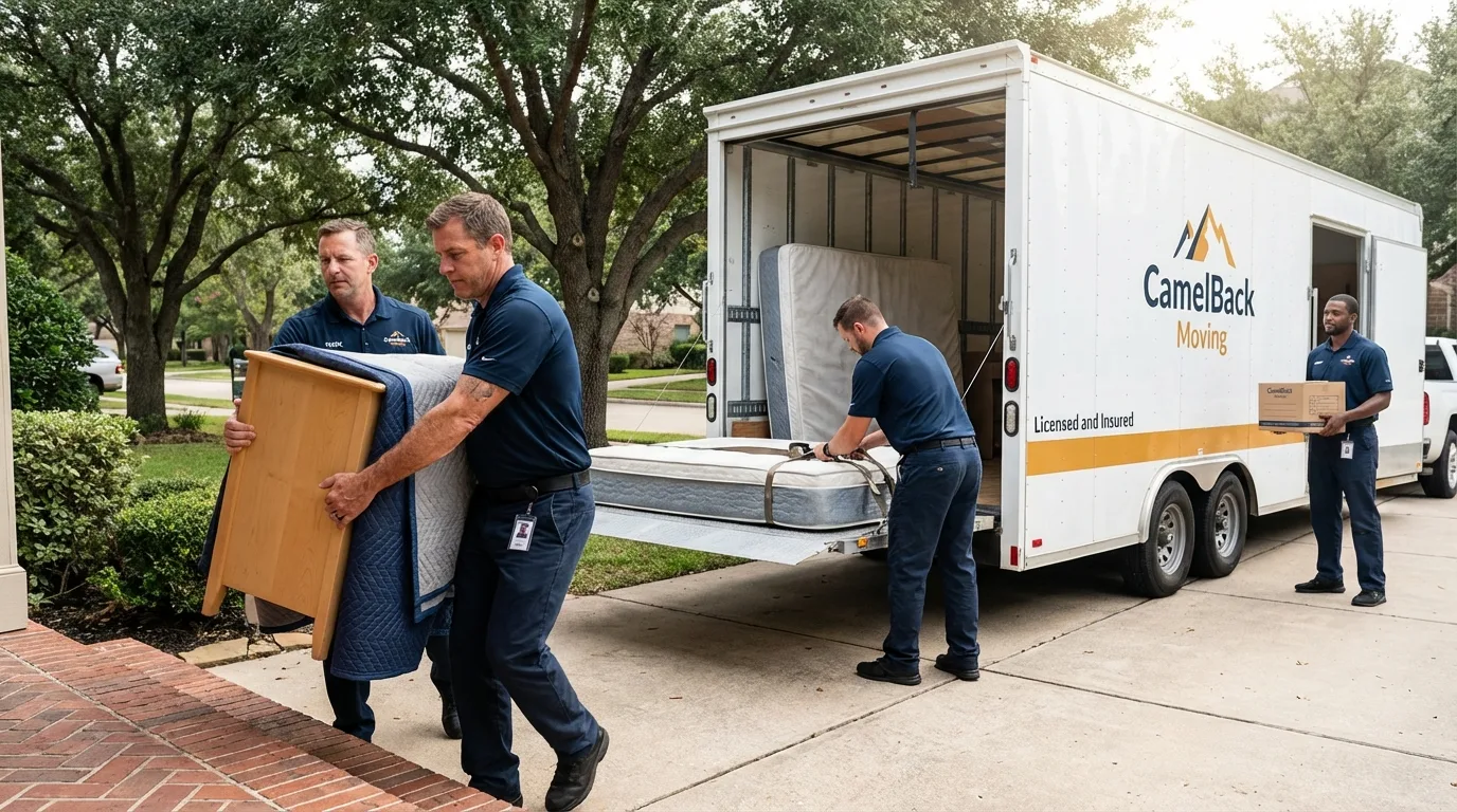 Crew loading residential truck for cross-state move from Franklin, IN