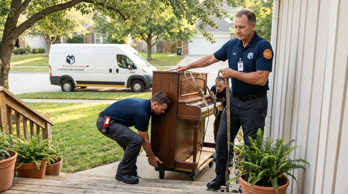 Licensed piano movers securing grand piano in Franklin, IN