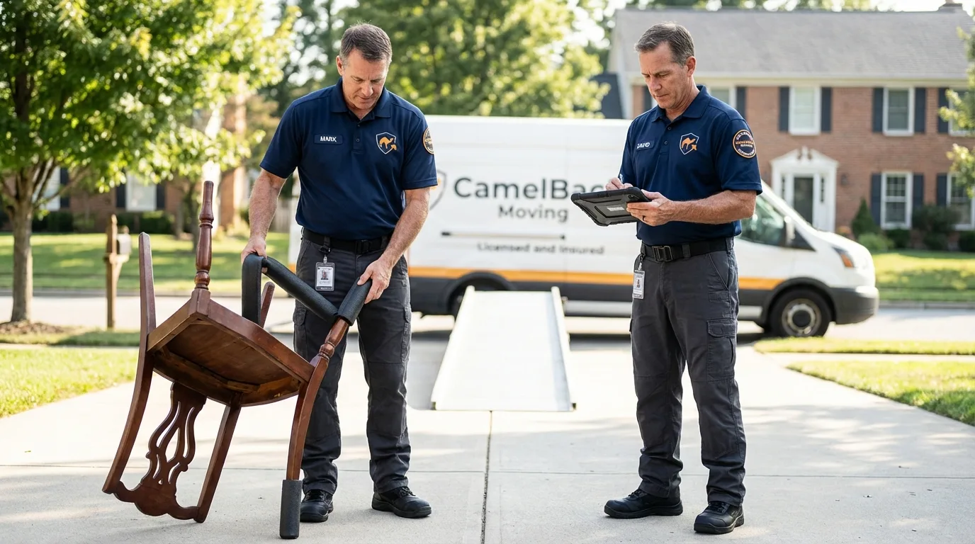 Movers inspecting furniture for damage prevention before loading in Franklin, IN