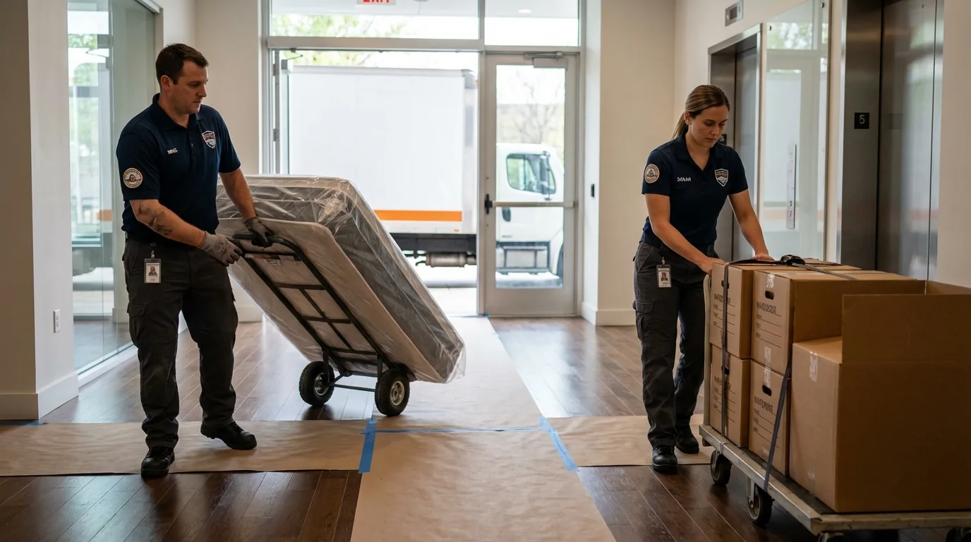 Professional apartment movers loading elevator in Franklin, IN