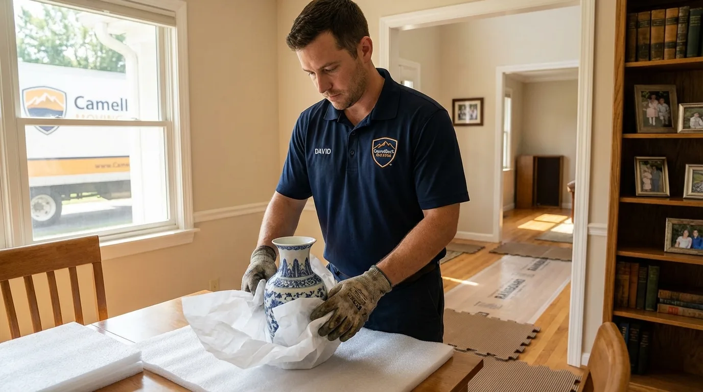 Professional crew carefully wrapping antique vase for senior downsizing move in Franklin, IN