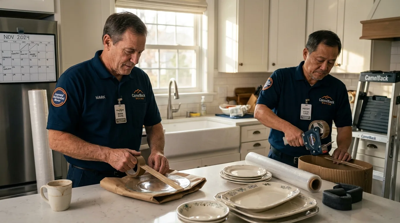 Professional crew packing kitchen dishware in Franklin, IN